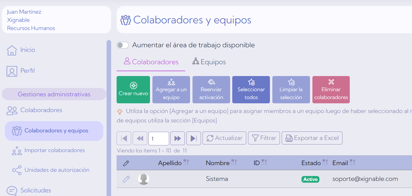 Menú Colaboradores, equipos y membresías