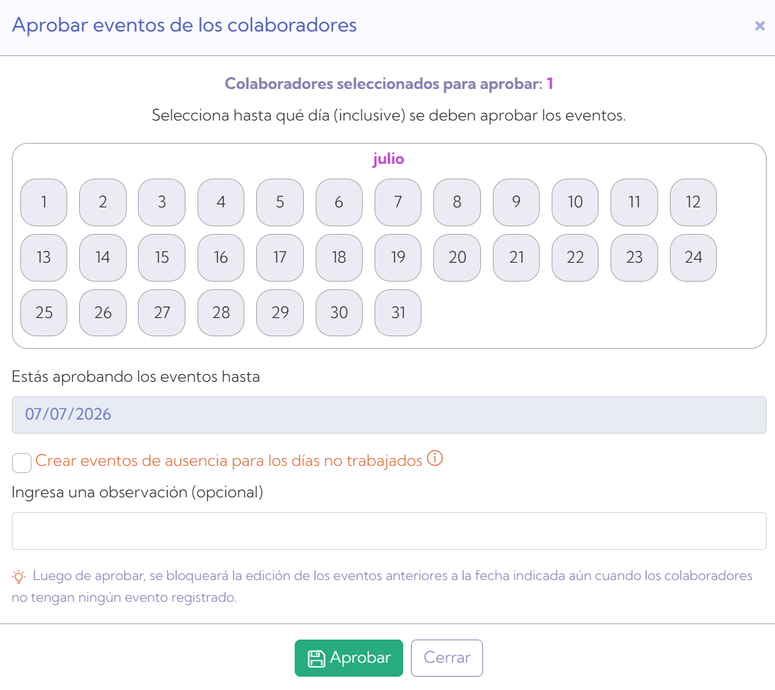 Pantalla de aprobación de eventos