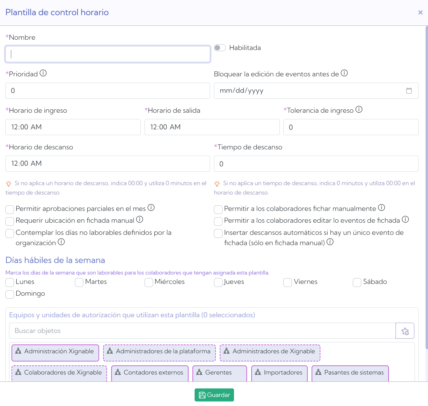 Nueva plantilla con valores predeterminados