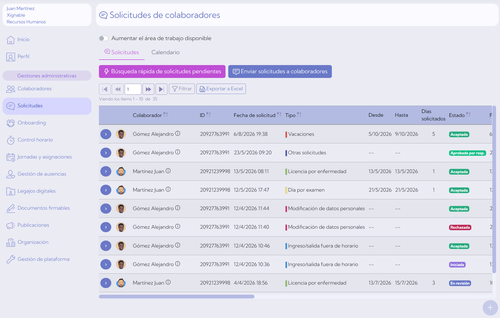 Pantalla de solicitudes