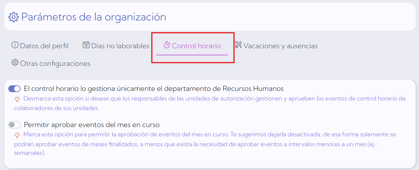 Configuraciones globales del control horario